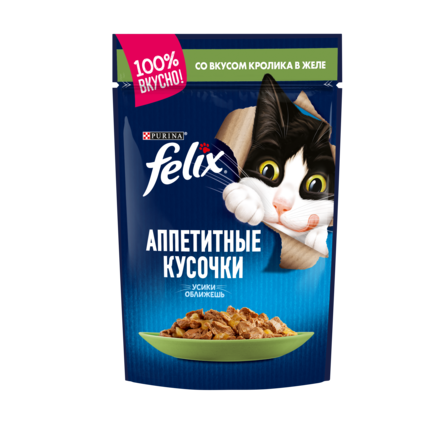 Felix Аппетитные кусочки Кусочки паштета в желе для взрослых кошек (с кроликом), 85 гр - фото 1