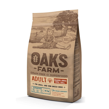 Oaks Farm Grain Free Adult Small and Mini Breeds беззерновой сухой корм для взрослых собак малых и мини пород (лосось и криль), 18 кг - фото 1