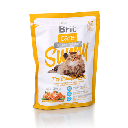 Brit Care Cat Sunny Beautiful Hair Сухой корм для взрослых длинношерстных кошек (с лососем и курицей), 400 гр - фото 1