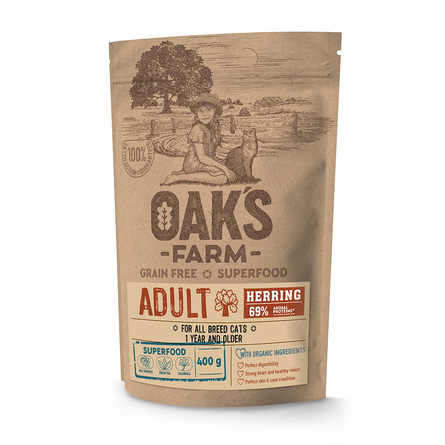 Oaks  Farm Grain Free Adult Cat Беззерновой сухой корм для кошек, (сельдь), 400 гр.
