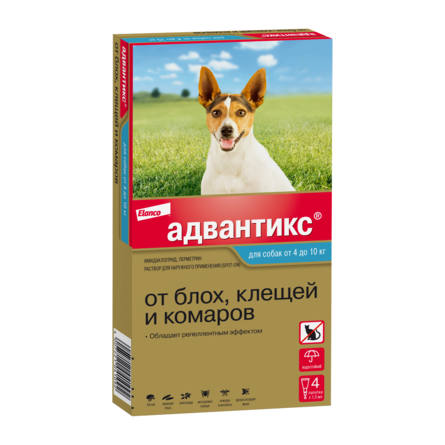Адвантикс® для собак от 4 до 10 кг для защиты от блох, иксодовых клещей и летающих насекомых и переносимых ими заболеваний. 4 пипетки в упаковке. – интернет-магазин Ле’Муррр