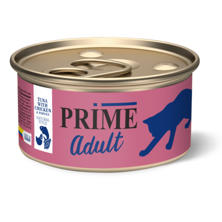 PRIME ADULT Консервированный корм для кошек, тунец с курицей и папайей в собственном соку – интернет-магазин Ле’Муррр