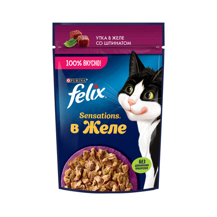 Влажный корм Felix Sensations для взрослых кошек с уткой в желе со шпинатом, 75 г - фото 1
