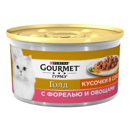 Gourmet Gold Кусочки мясного филе в подливе для взрослых кошек (с форелью и овощами), 85 гр - фото 1