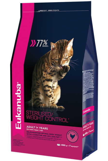 Eukanuba Cat Sterilised Weight Control Облегченный сухой корм для взрослых стерилизованных кошек и кастрированных котов (с курицей), 400 гр - фото 1