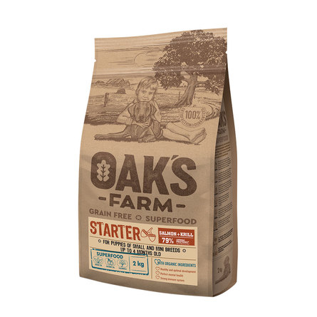 Oaks Farm Grain Free Starter Small and Mini беззерновой сухой корм для щенков малых и мини пород до 4 мес., (лосось и криль), 2 кг - фото 1