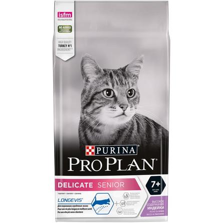 Pro Plan Delicate Senior 7+ сухой корм для взрослых кошек старше 7 лет с чувствительным пищеварением (с индейкой), 1,5 кг - фото 1