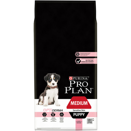 Pro Plan OptiDerma Medium Puppy Сухой корм для щенков средних пород с чувствительной кожей (с лососем и рисом), 12 кг - фото 1