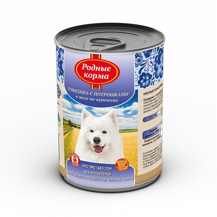 РОДНЫЕ КОРМА консервы для собак (говядина с потрошками в желе по-купечески), 410 гр - фото 1