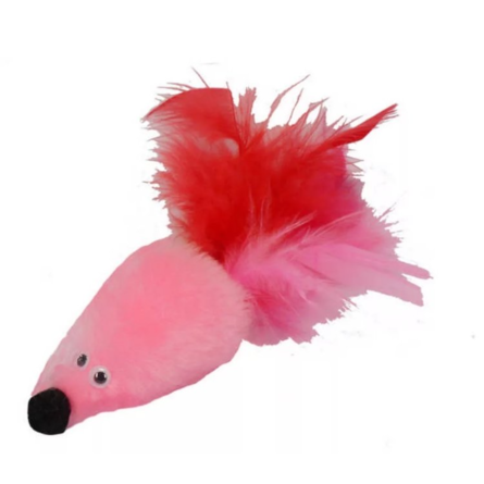 N1 Игрушка Мышь с мятой розовый мех, хвост перо