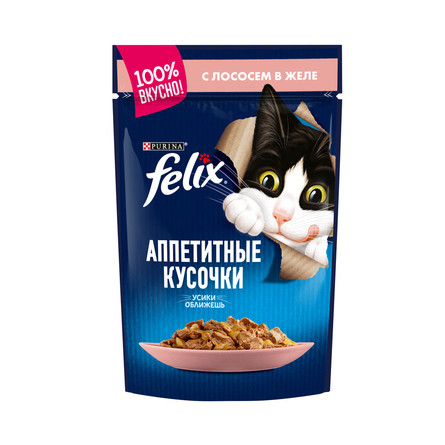 Felix Аппетитные кусочки Кусочки паштета в желе для взрослых кошек (с лососем), 85 гр - фото 1