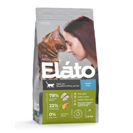 Elato Holistic Beautiful&Shiny Hair Сухой корм для кошек для кожи и шерсти, рыба, 1,5кг , 1,5 кг - фото 1