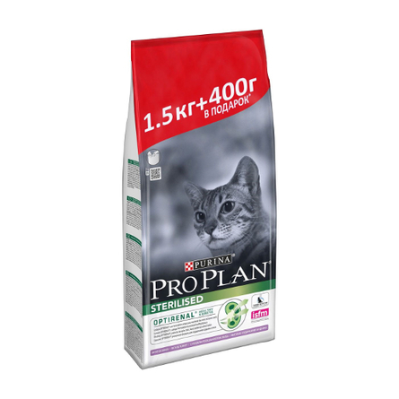 Увеличенная упаковка Pro Plan Sterilised Сухой корм для кастрированных котов и стерилизованных кошек (1,5 кг + 400 гр) с индейкой, 1,9 кг - фото 1