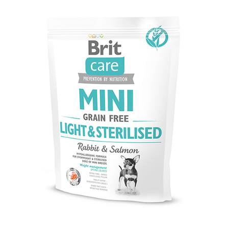 Brit Care Mini Light & Sterilised Сухой беззерновой корм для взрослых собак мини-пород с избыточным весом или стерилизованных/кастрированных (с кроликом и лососем), 400 гр - фото 1