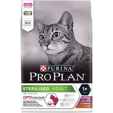 Pro Plan Sterilised OptiSavour Сухой корм для взрослых стерилизованных кошек и кастрированных котов, с высоким содержанием утки и c печенью, 3 кг, 3 кг - фото 1