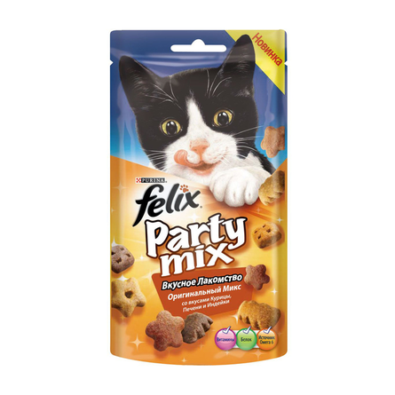 Felix Party Mix Снеки для взрослых кошек (мясное ассорти), 60 гр