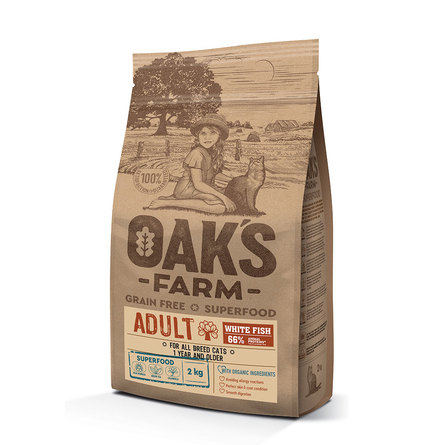 Oaks Farm Grain Free Adult Cat Беззерновой сухой корм для кошек (белая рыба), 2 кг - фото 1