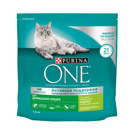 Сухой корм Purina ONE для взрослых кошек, живущих в домашних условиях, с высоким содержанием индейки и цельными злаками, Пакет, 1,5 кг – интернет-магазин Ле’Муррр