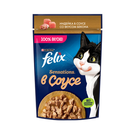 Влажный корм Felix Sensations для взрослых кошек с индейкой в соусе со вкусом бекона , 75 г - фото 1