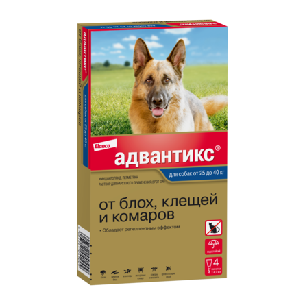 Адвантикс® для собак от 25 до 40 кг для защиты от блох, иксодовых клещей и летающих насекомых и переносимых ими заболеваний. 4 пипетки в упаковке. – интернет-магазин Ле’Муррр