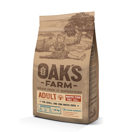 Oaks Farm Grain Free Adult Small and Mini Breeds беззерновой сухой корм для взрослых собак малых и мини пород (белая рыба), 18 кг - фото 1