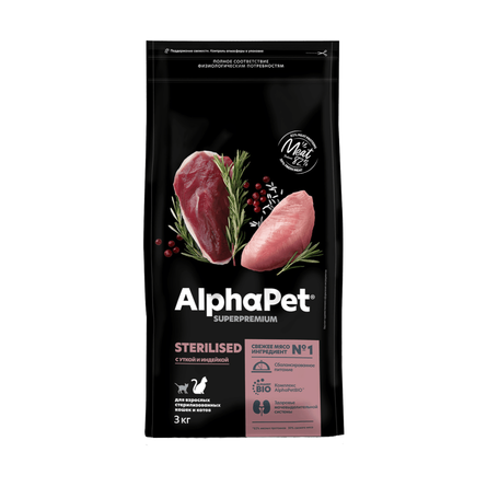 AlphaPet® Superpremium Сухой полнорационный корм с уткой и индейкой для взрослых стерилизованных кошек и котов, 3 кг - фото 1