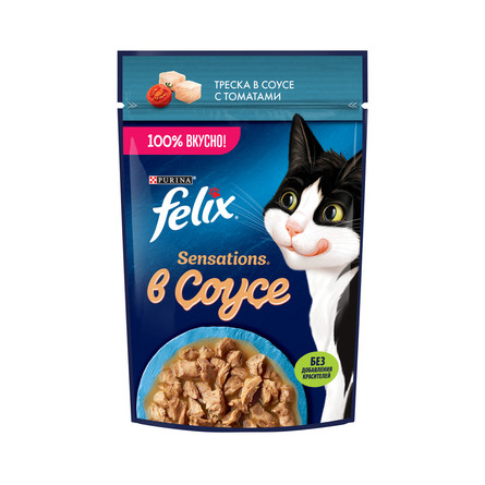Влажный корм Felix Sensations для взрослых кошек с треской в соусе с томатами, 75 г - фото 1