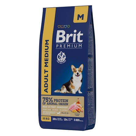 Brit Premium Adult M Сухой корм для взрослых собак средних пород, курица, 15 кг - фото 1