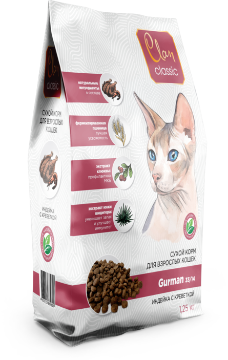 CLAN CLASSIC Gurman 33/14 Сухой корм для взрослых привередливых кошек, индейка/креветки , 1 кг - фото 1