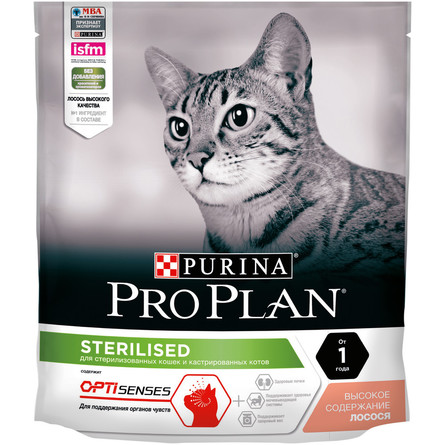 Сухой корм Pro Plan для взрослых стерилизованных кошек и кастрированных котов, для поддержания органов чувств, с высоким содержанием лосося, 400 гр 