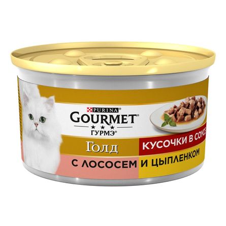 Gourmet Gold Кусочки мясного филе в подливе для взрослых кошек (с лососем и цыпленком), 85 гр - фото 1