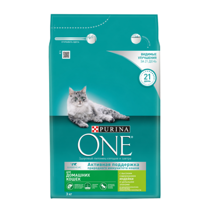 Сухой корм Purina ONE для взрослых кошек, живущих в домашних условиях, с высоким содержанием индейки и цельными злаками 3 кг - фото 1