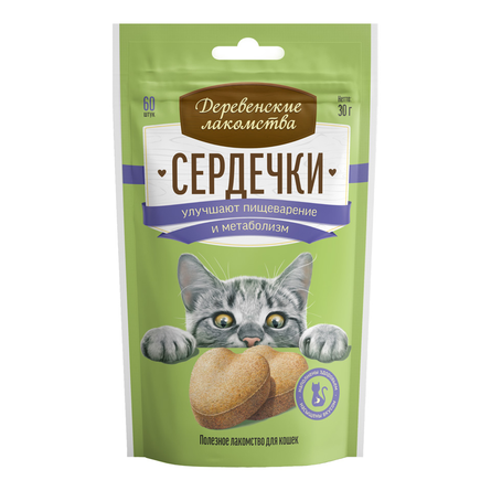 Деревенские лакомства Сердечки для кошек (для пищеварения и метаболизма), 30 гр