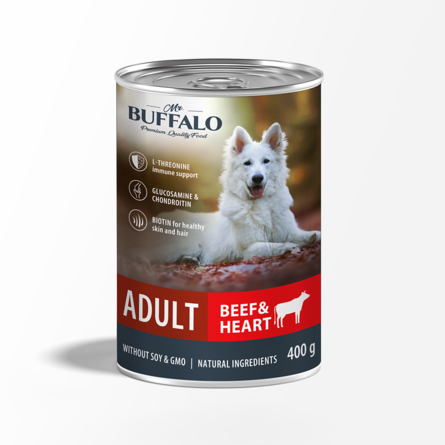 Mr.Buffalo ADULT Влажный корм для взрослых собак всех пород, говядина и сердце , 400 г - фото 1