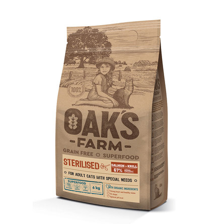 Oaks Farm Grain Free Sterilised Adult Cat беззерновой сухой корм длядля кастрированных/стерилизованных кошек, (лосось и криль), 6 кг - фото 1