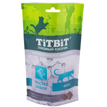 TiTBiT Хрустящие подушечки для чистки зубов для взрослых кошек, с мясом утки, 60 г - фото 1