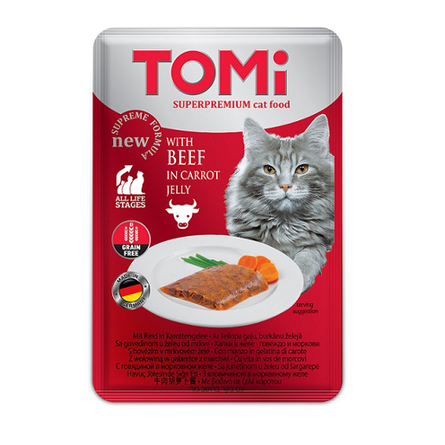 Tomi Кусочки паштета в желе для кошек и котят (c говядиной и морковью), 100 гр