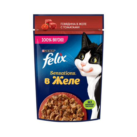 Влажный корм Felix Sensations для взрослых кошек с говядиной в желе с томатами, 75 г - фото 1