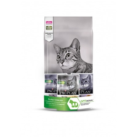 Набор ProPLAN Sterilised Сухой корм для стерилизованных кошек (с индейкой) + 3 пауча (с курицей и индейкой), 1,5 кг - фото 1