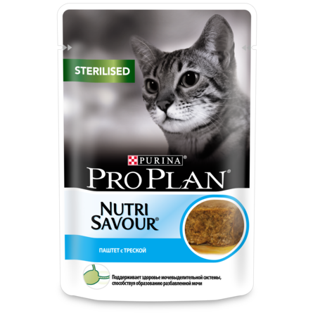 Влажный корм Pro Plan® NutriSavour® для взрослых стерилизованных кошек, паштет с треской, Пауч, 85 г
