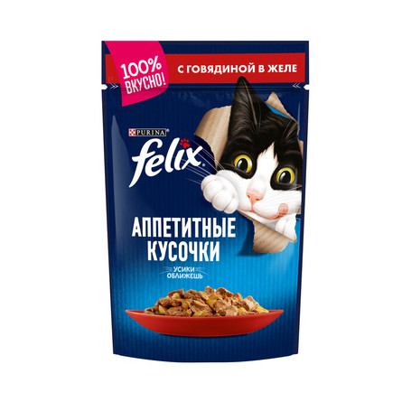 Felix Аппетитные кусочки Кусочки паштета в желе для взрослых кошек (с говядиной), 85 гр - фото 1