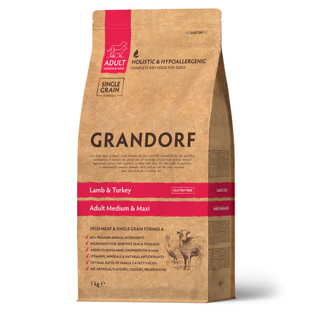 GRANDORF Adult low-grain MED&MAXI Сухой корм для взрослых собак средних и крупных пород, ягнёнок с индейкой, 1 кг - фото 1