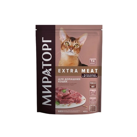 Мираторг EXTRA MEAT Сухой корм для домашних кошек старше 1 года, говядина Black Angus, 400 гр - фото 1