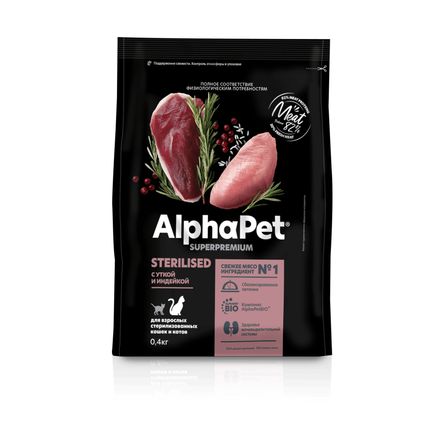 AlphaPet® Superpremium Сухой полнорационный корм с уткой и индейкой для взрослых стерилизованных кошек и котов, 0.4 кг - фото 1