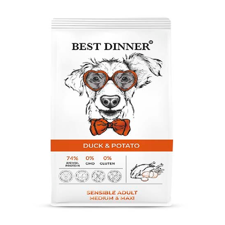 Best Dinner Сухой корм с уткой и картофелем для собак средних и крупных пород с чувствительным пищеварением, 3 кг - фото 1