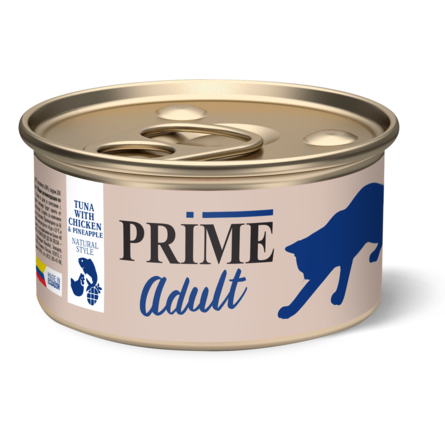 PRIME Консервированный корм для кошек, тунец с курицей и ананасом в собственном соку, 85 гр - фото 1
