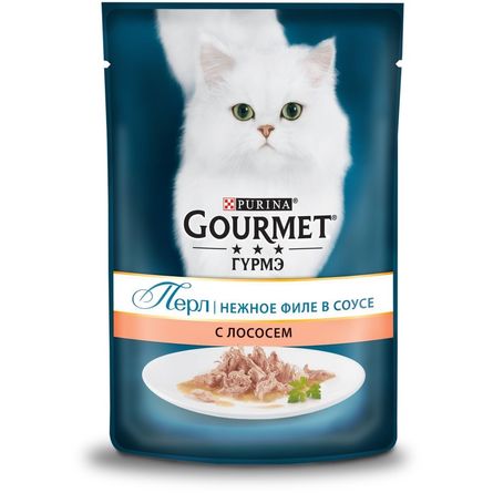 Gourmet Perle Кусочки мясного филе в соусе для взрослых кошек (с лососем), 85 гр - фото 1
