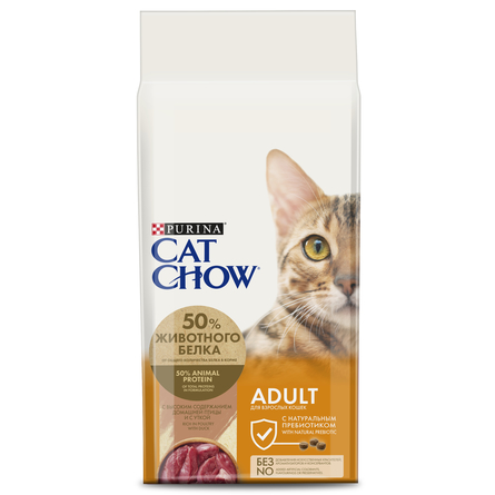 Cat Chow Adult Сухой корм для взрослых кошек (с уткой), 15 кг - фото 1