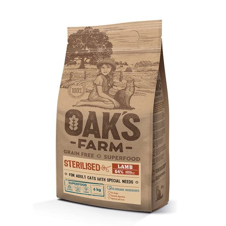 Oaks Farm Grain Free Sterilised Adult Cat беззерновой сухой корм длядля кастрированных/стерилизованных кошек, (ягненок), 6 кг - фото 1