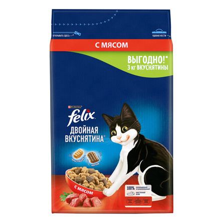Сухой корм Felix® Двойная Вкуснятина® для взрослых кошек, с мясом, Пакет, 3 кг - фото 1